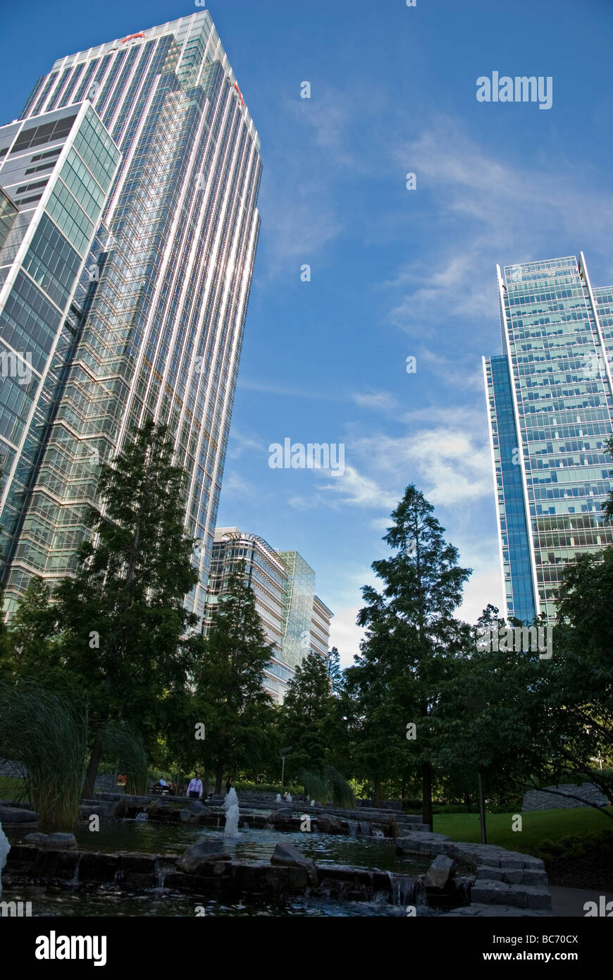Vista delle torri nel parco del Cinquantenario, Canary Wharf Docklands Londra Inghilterra REGNO UNITO Foto Stock