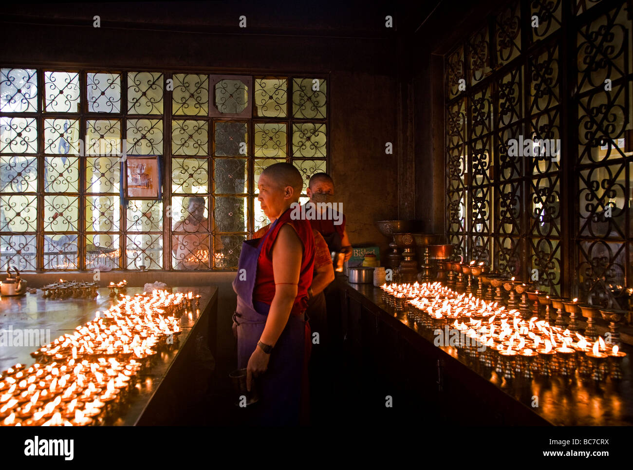 Offerta camera lampade. Tsuglagkhang tempio tibetano complesso. McLeod Ganj. Dharamsala. India Foto Stock