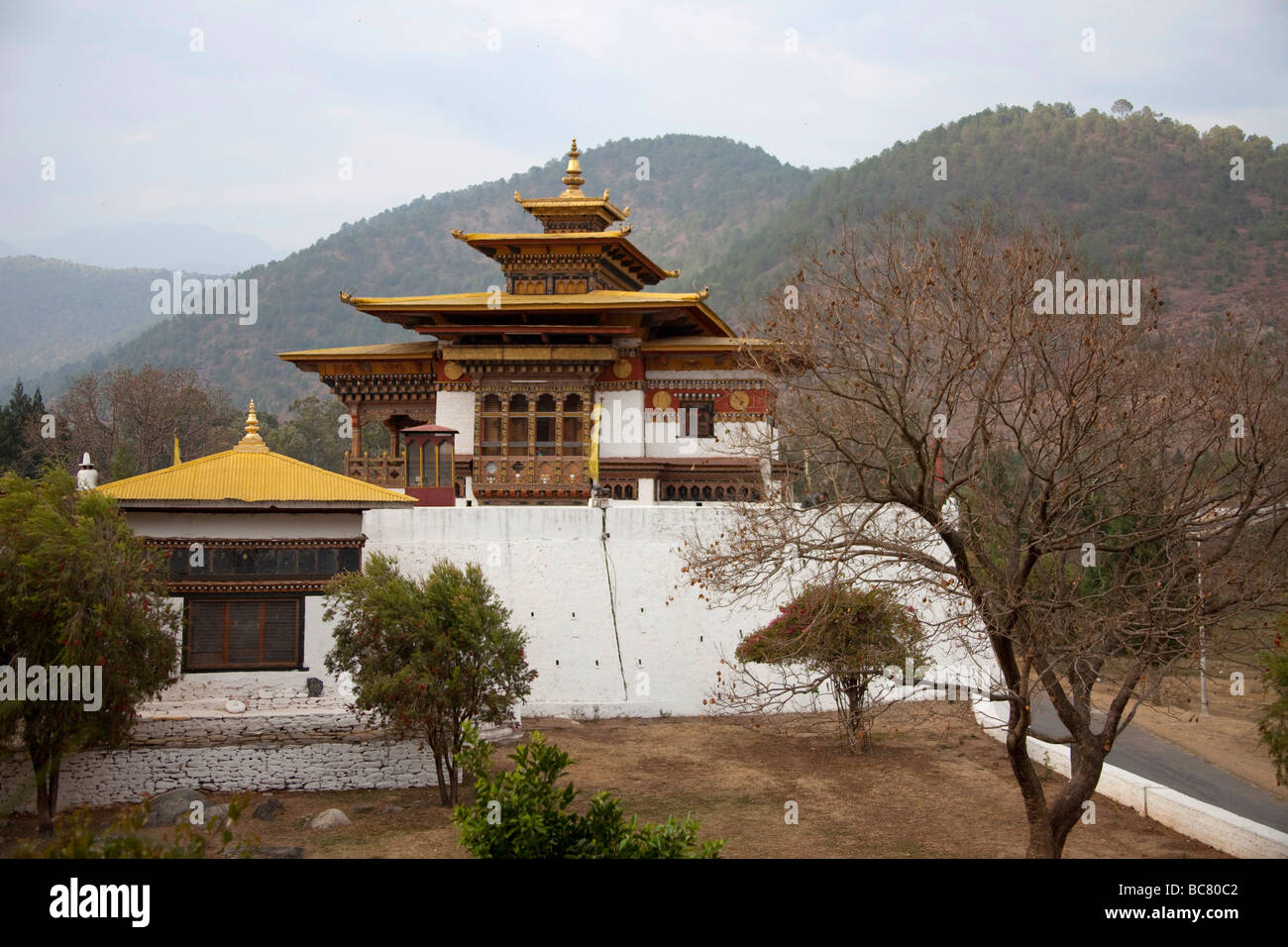 Vista generale e dettagli architettonici ofPunakha Dzong monastero .91613 Orizzontale Bhutan-Punakha Foto Stock