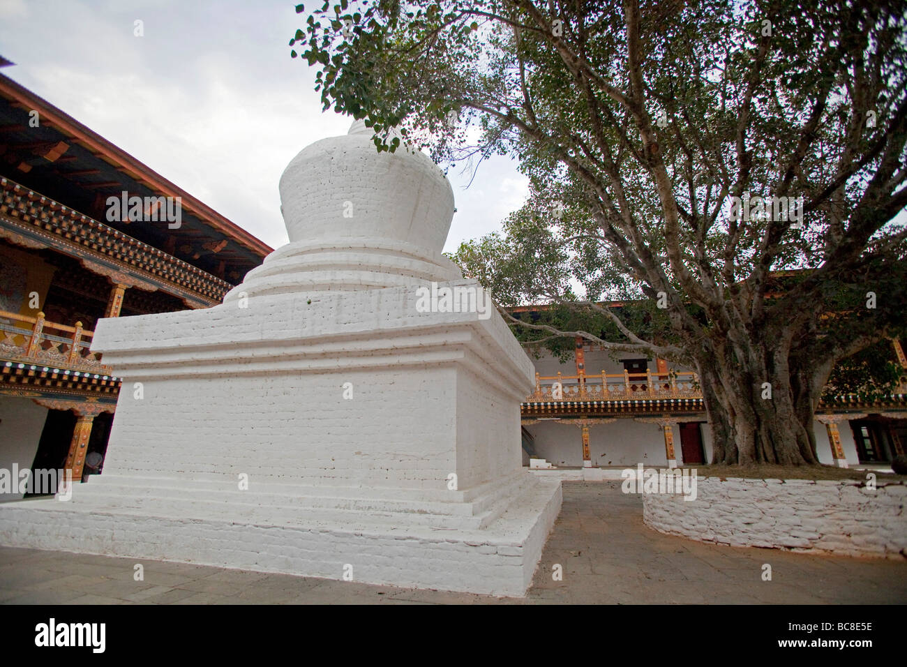 Dipinto di bianco pietra monumento Buddista Punakha, Orizzontale 91652 Bhutan-Punakha Foto Stock