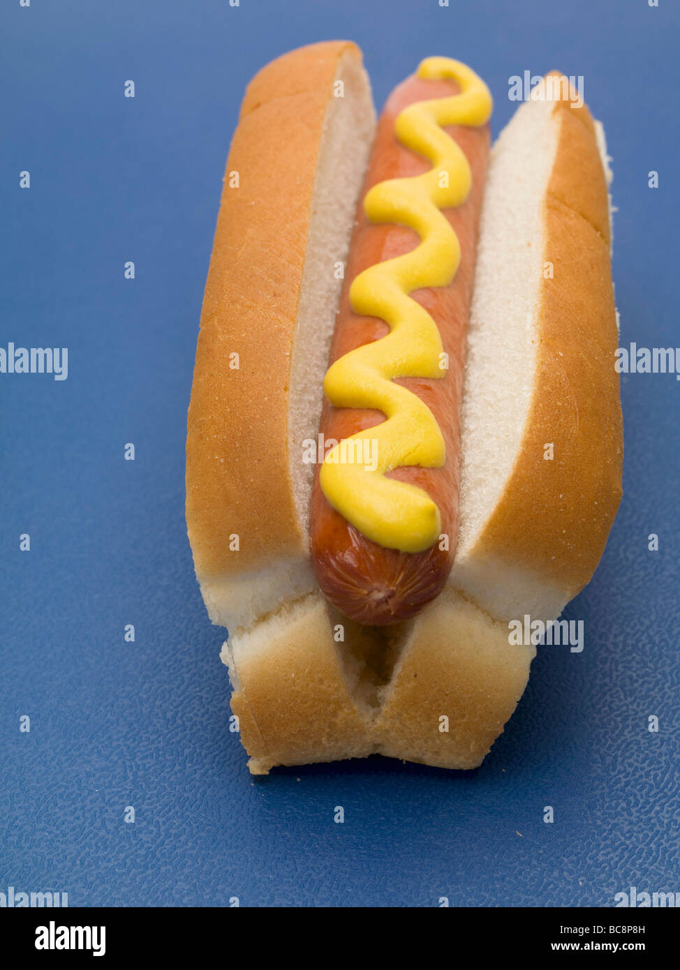 Hot Dog con senape su sfondo blu - Foto Stock
