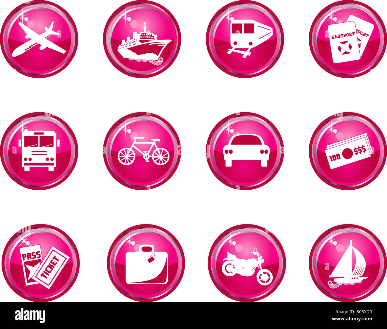 Dodici vettore lucida le icone di viaggio. Facile da rimuovere rosa o cambiare colore e vedere il mio altre icone. Foto Stock