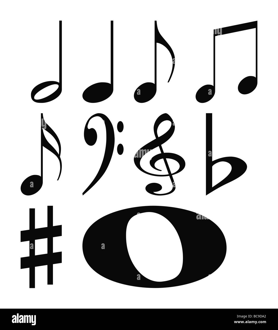 Set di note musicali utilizzati nella composizione isolata su sfondo bianco Foto Stock