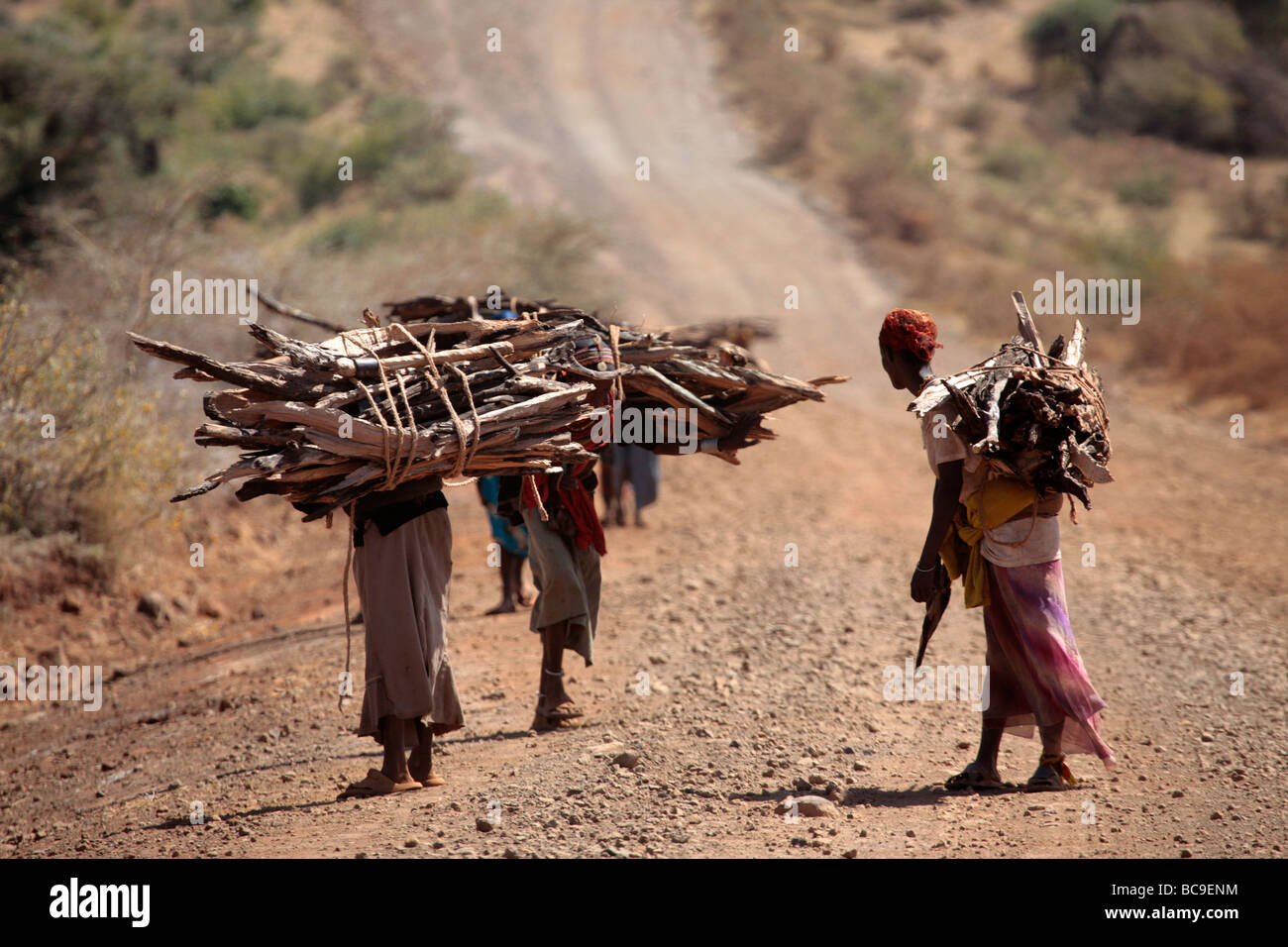 Le donne che trasportano legna da ardere lungo la strada che da Isiolo di Marsabit nel nord del Kenya Foto Stock