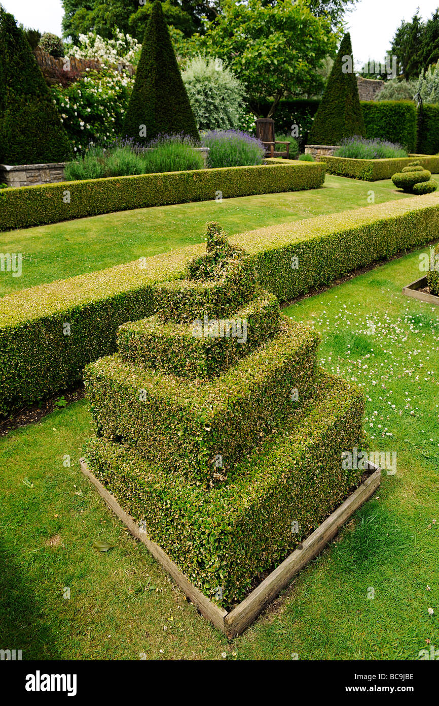 Topiaria da e siepi di bosso in un giardino inglese nel Somerset, Regno Unito Foto Stock