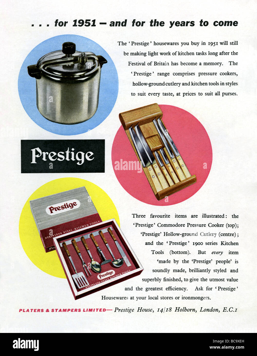 1951 pubblicità a colori per il prestigio di stoviglie Foto Stock