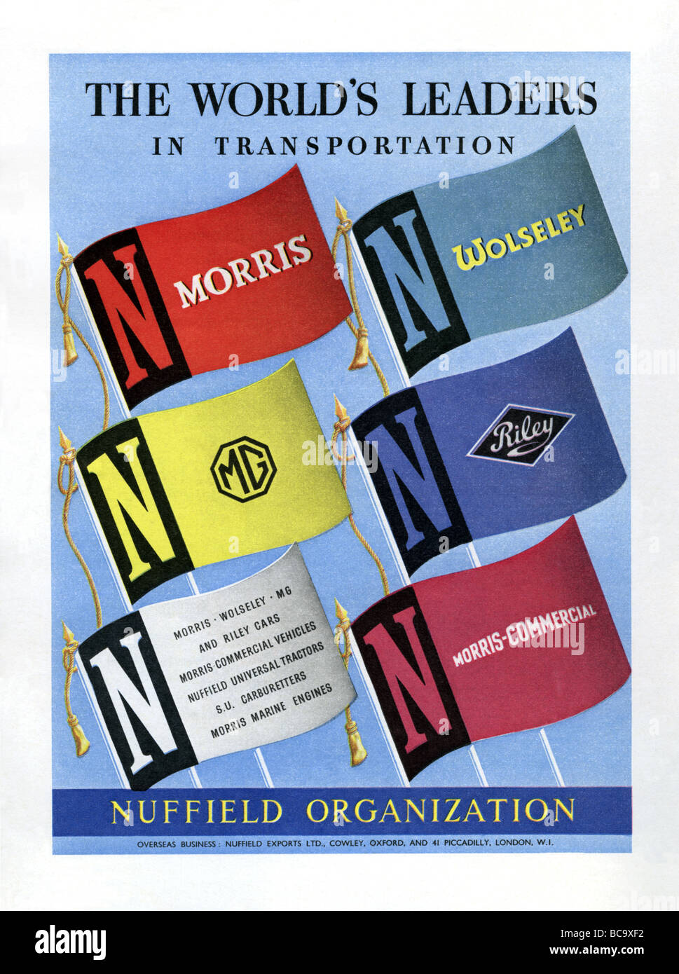 1951 pubblicità a colori per il Nuffield vetture e veicoli commerciali, marchi tra cui Morris, MG, Riley, Wolsey Foto Stock