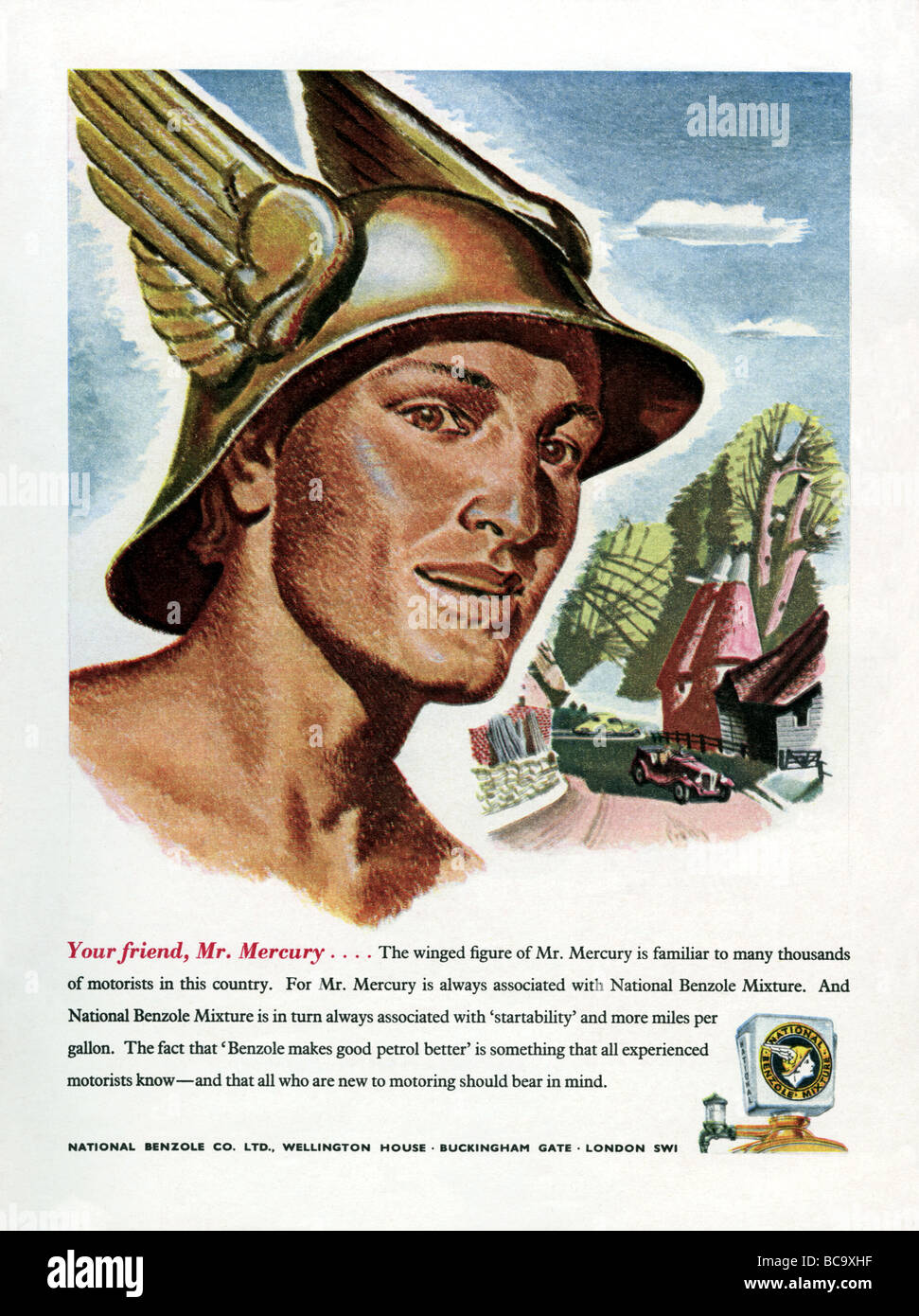 1951 pubblicità a colori per il National benzoli benzina dotato di Mr il mercurio Foto Stock