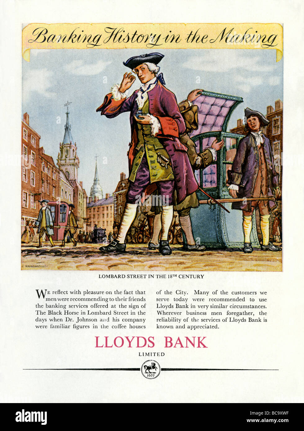 1951 colori per Lloyds Bank dispone di un diciottesimo secolo vista di un banchiere di Lombard Street, la città di Londra Foto Stock