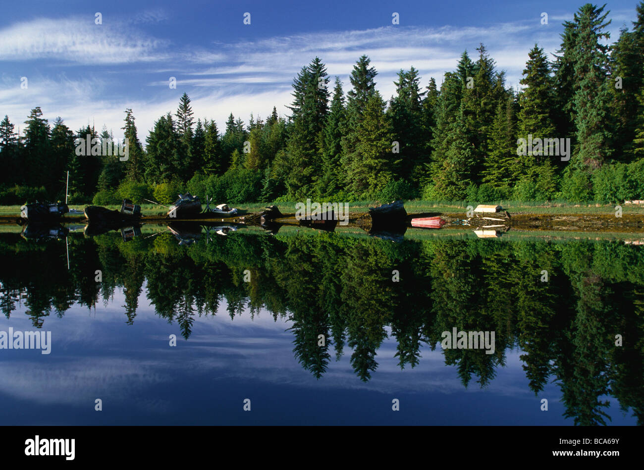 Vecchie barche da pesca, all'interno del passaggio dell'Alaskan Panhandle, a sud-est di Alaska, STATI UNITI D'AMERICA Foto Stock
