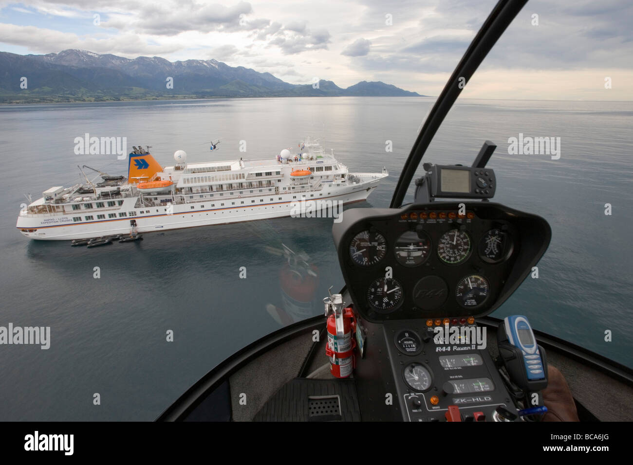 Foto aerea di atterraggio per elicotteri su MS Bremen, Kaikoura, Isola del Sud, Nuova Zelanda Foto Stock