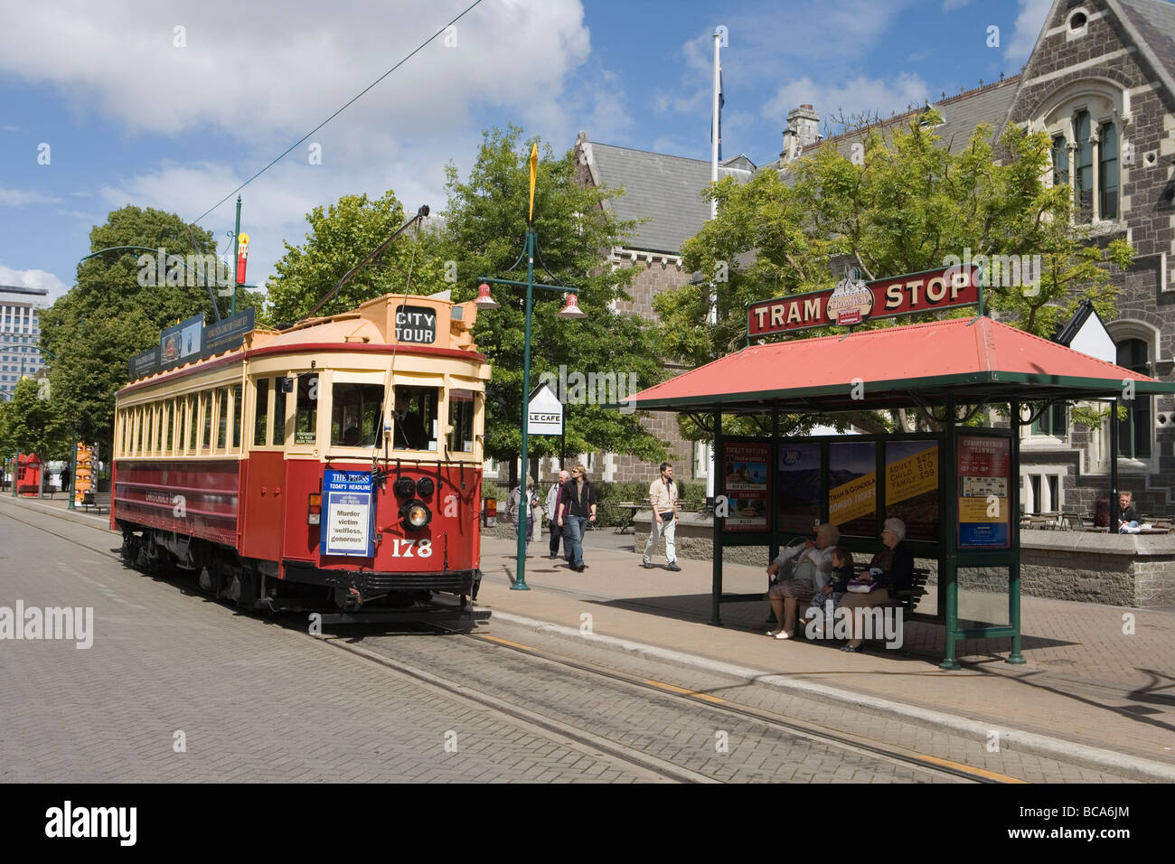 Christchurch Tram su Worcester Street, Christchurch, Isola del Sud, Nuova Zelanda Foto Stock