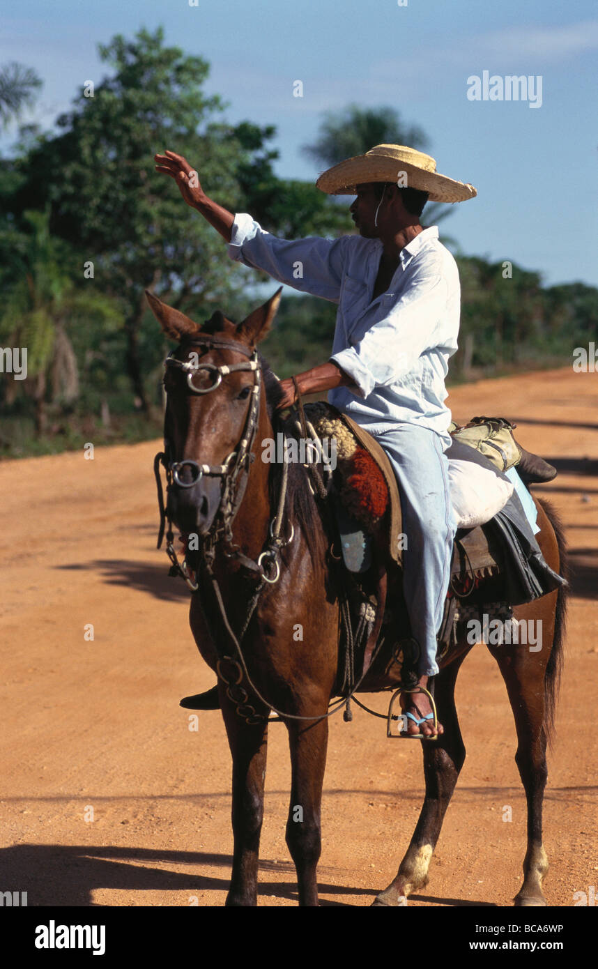 Gaucho a cavallo, cavallo, Transpantaneira, Pantanal, Mato Grosso, Brasile, Sud America Foto Stock