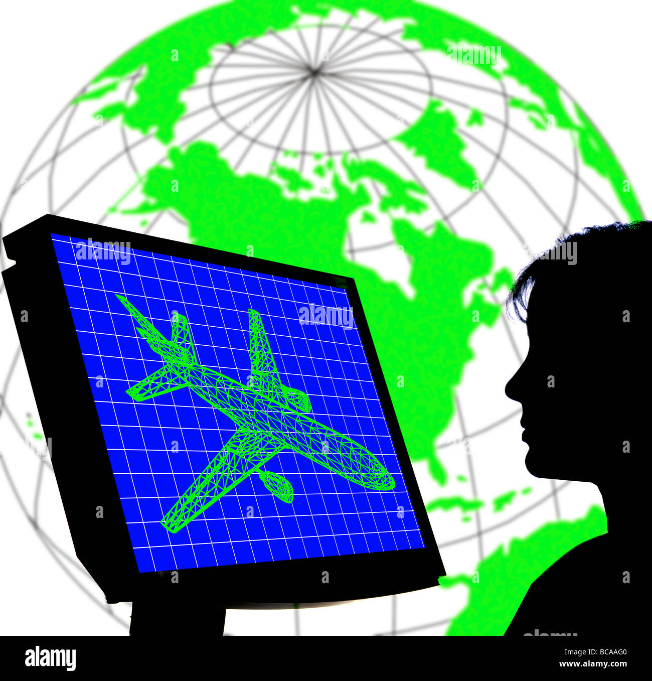 Donna ingegnere aeronautico studiando generata da computer telaio filo immagine di aviogetti sul monitor Foto Stock