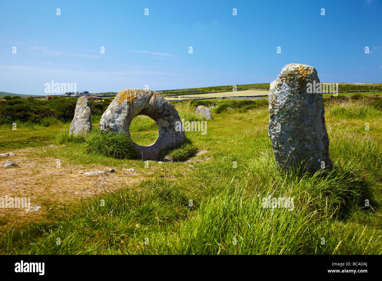 Gli uomini un Tol monumento megalitico nr morva, Cornwall, Regno Unito Foto Stock