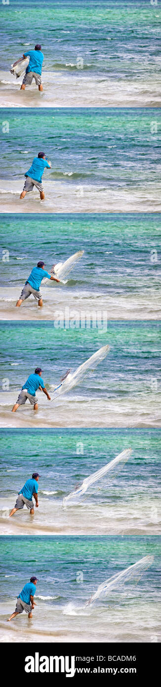 Sequenza di un uomo cubano pesci con cast net a Bahia de Cochinos, Baia dei maiali. Cuba. Foto Stock
