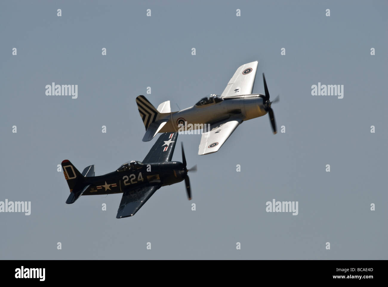 Due Grumman F8F Bearcats volare in formazione a un air show. Foto Stock