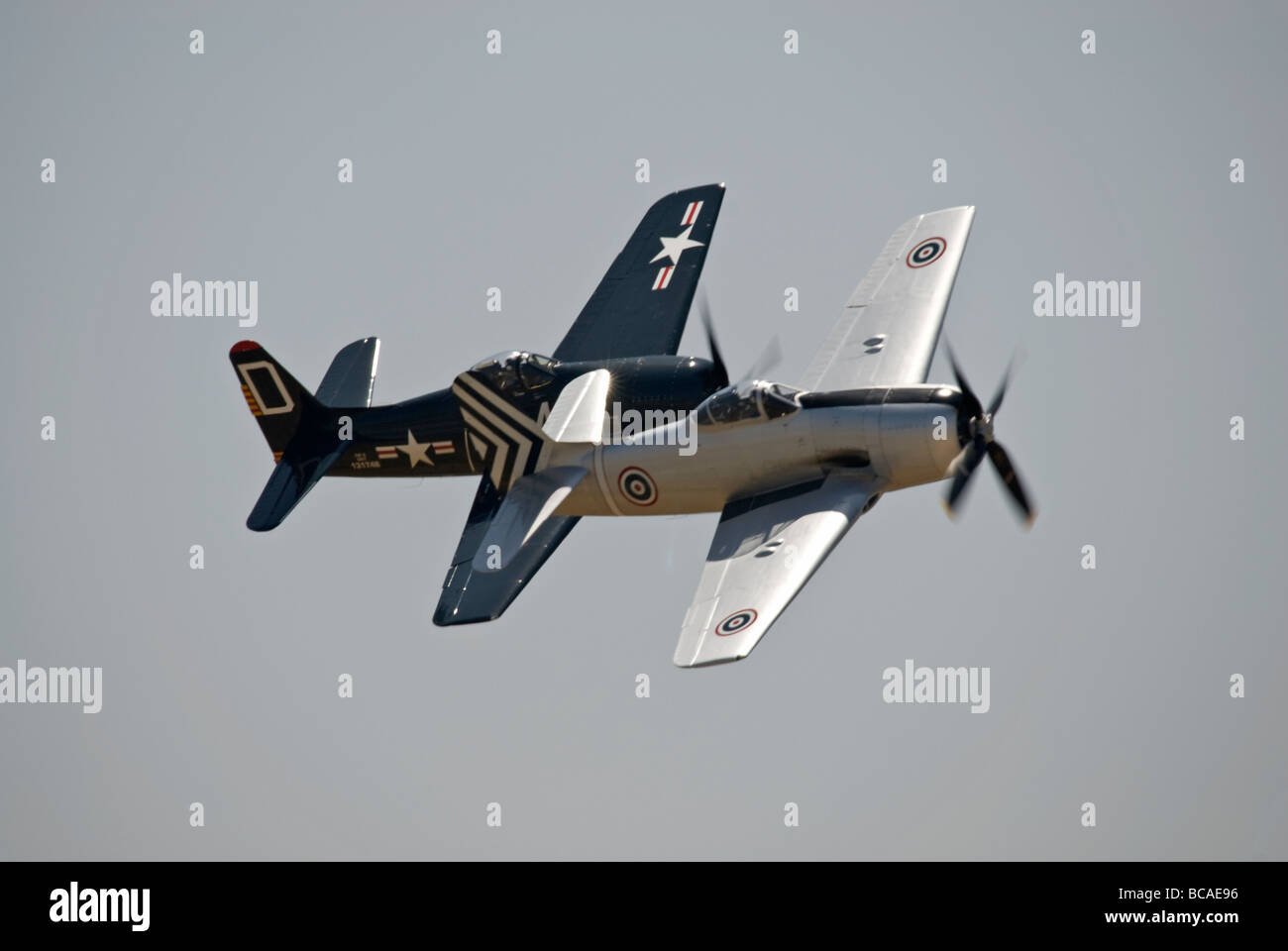 Due Grumman F8F Bearcats volare in formazione a un air show. Foto Stock