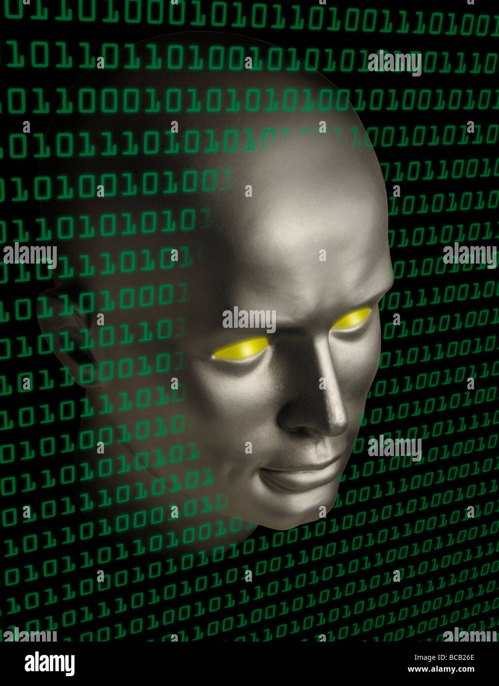 Un robot androide faccia con gli occhi gialli penetrare in una parete del codice binario Foto Stock
