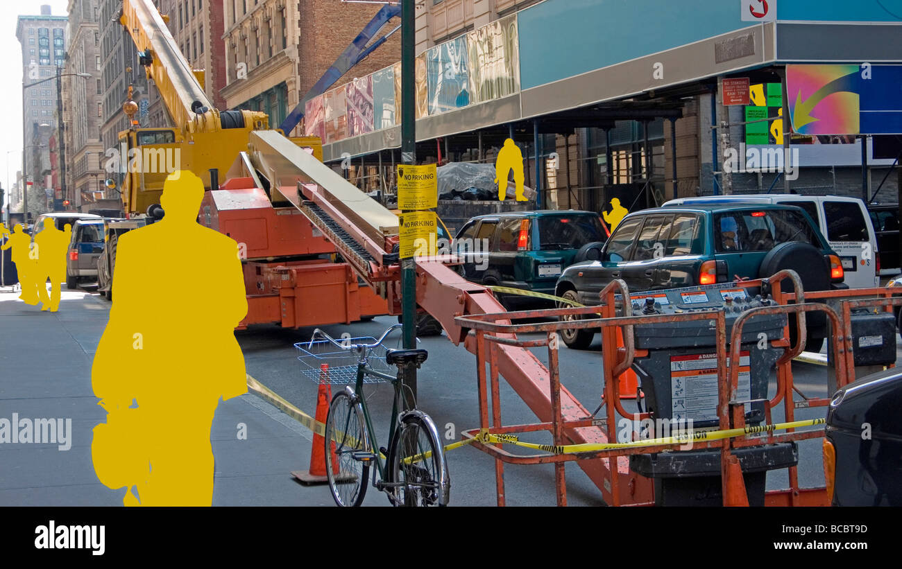 La città di New York Street e anonimo il giallo dei lavoratori di sesso maschile e lavoratori Foto Stock