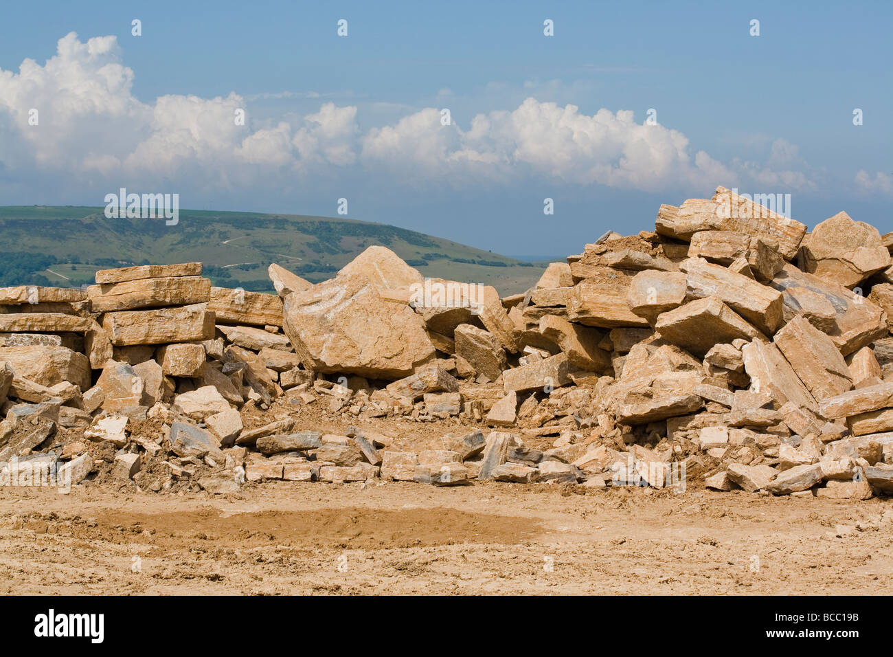 Cava cantiere con blocchi di calcare sulla isola di Purbeck, Dorset, Regno Unito Foto Stock