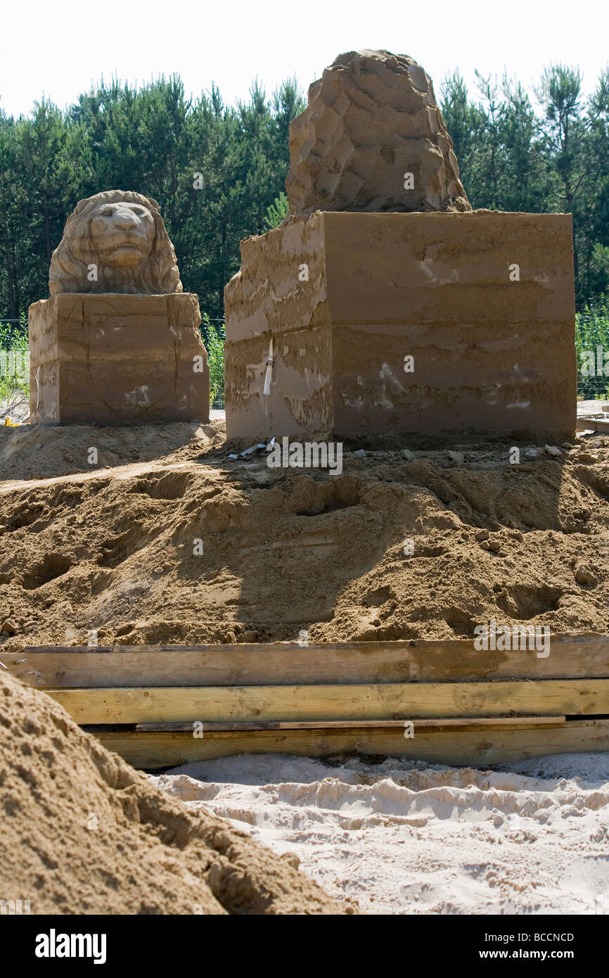 Incompiuta le sculture di sabbia di Lions nelle diverse fasi del processo di creazione. Fotografie da esibire a Gdansk. Foto Stock
