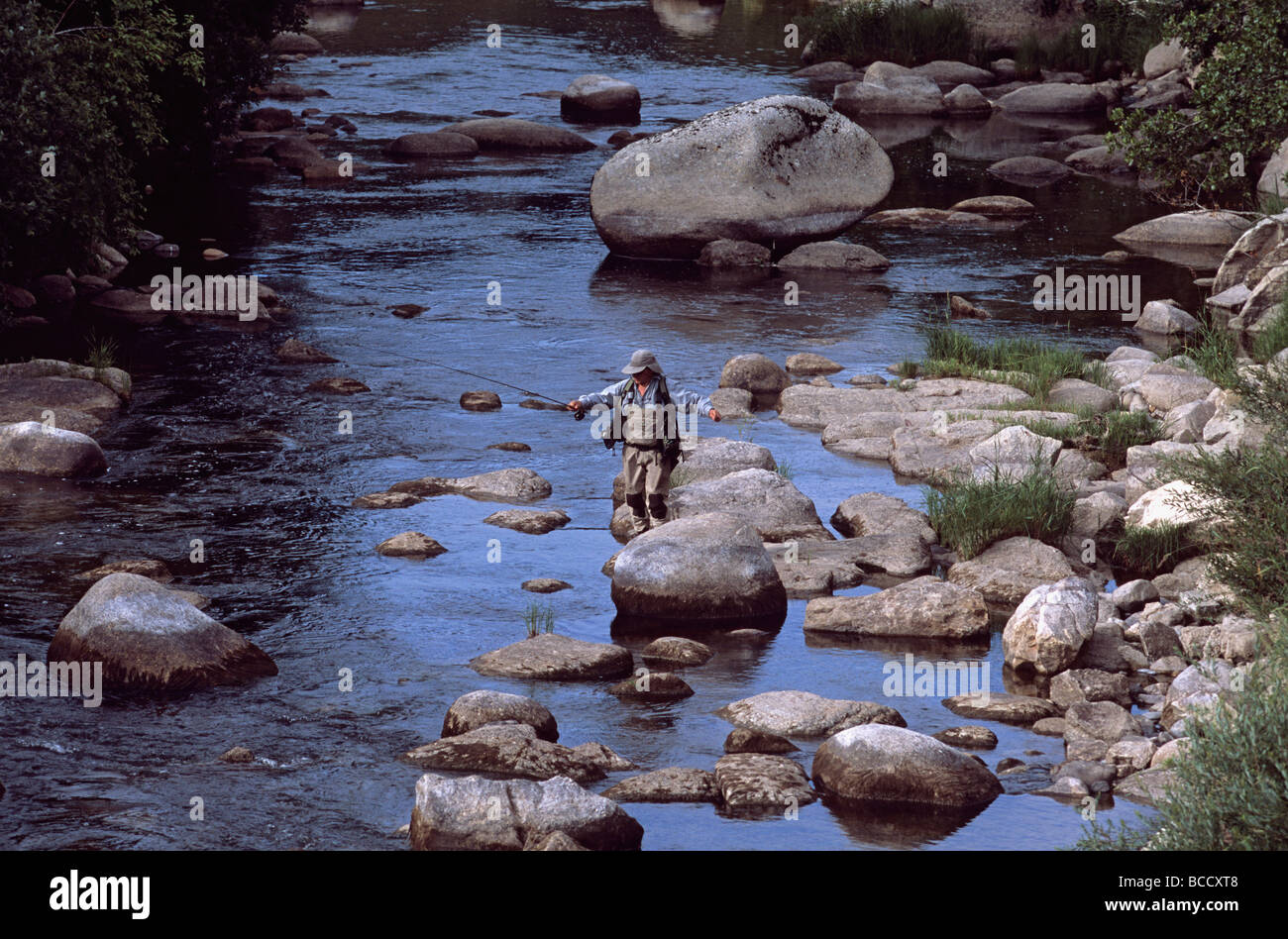 Francia, Cantal, pescare nel fiume di BES Foto Stock