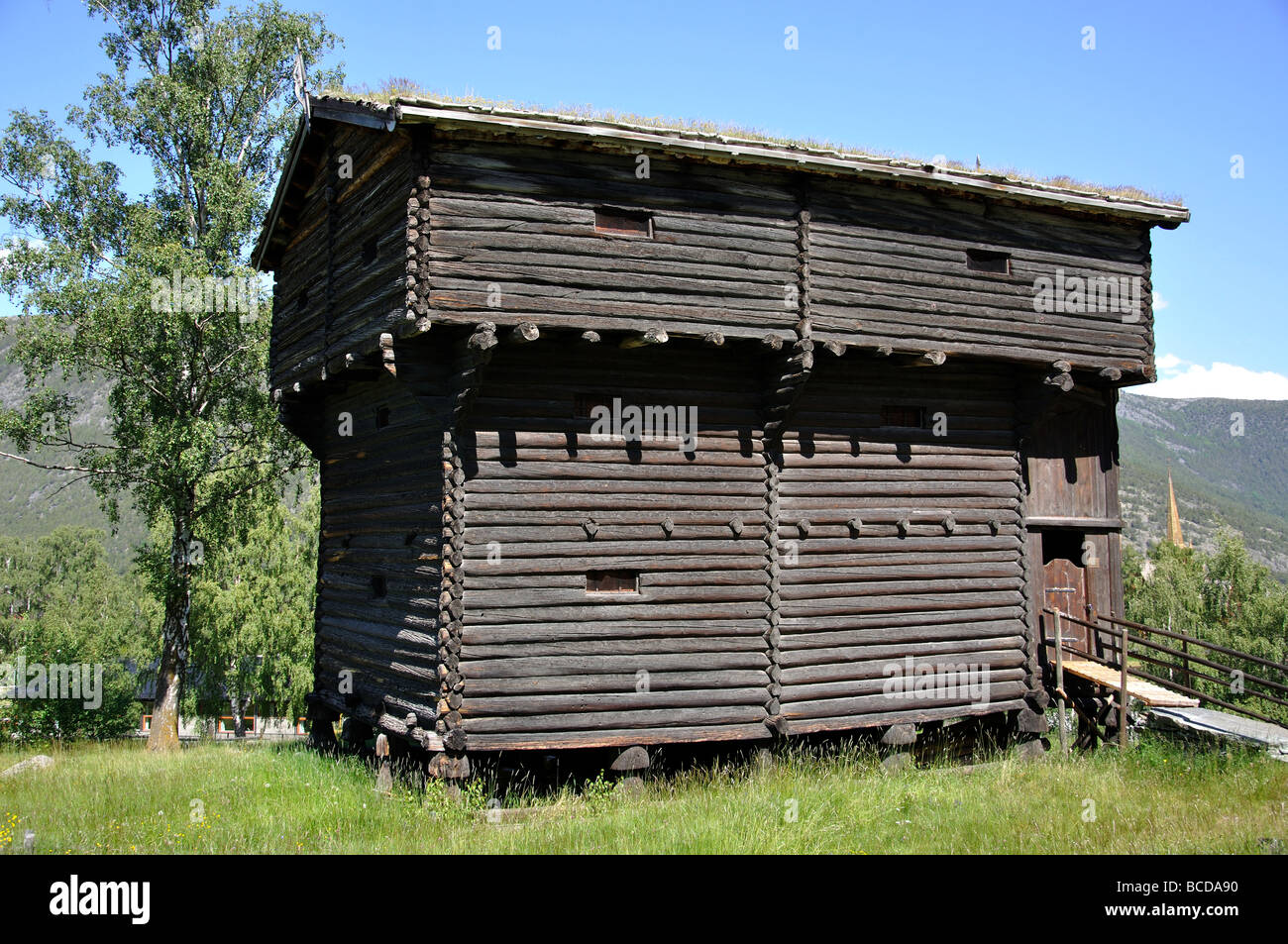 Gudbrandsdalen fienile in Field, Lom, Innlandet County, Norvegia Foto Stock