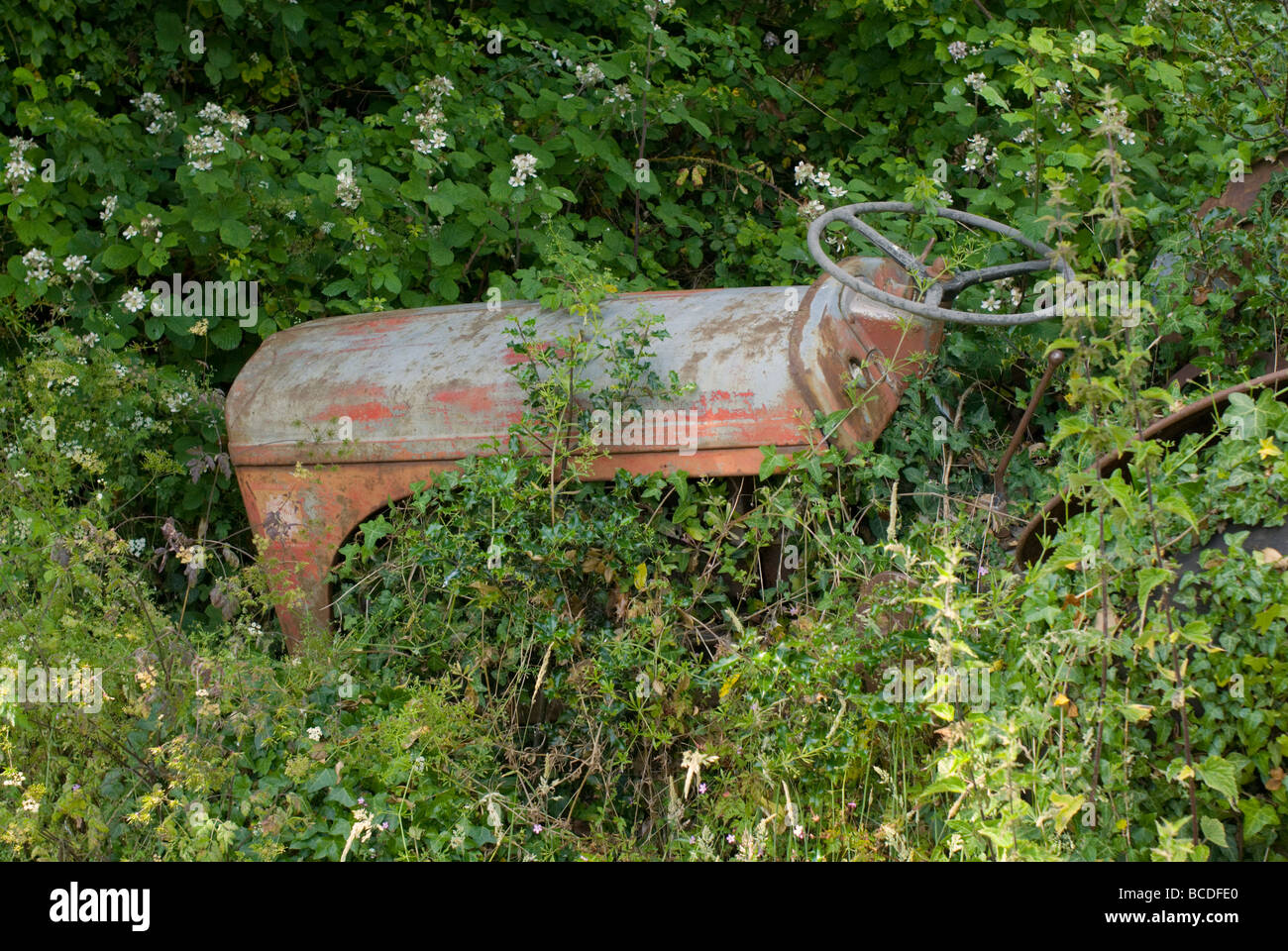 Un abbandonato il vecchio trattore in una siepe in Cornworthy Devon Foto Stock