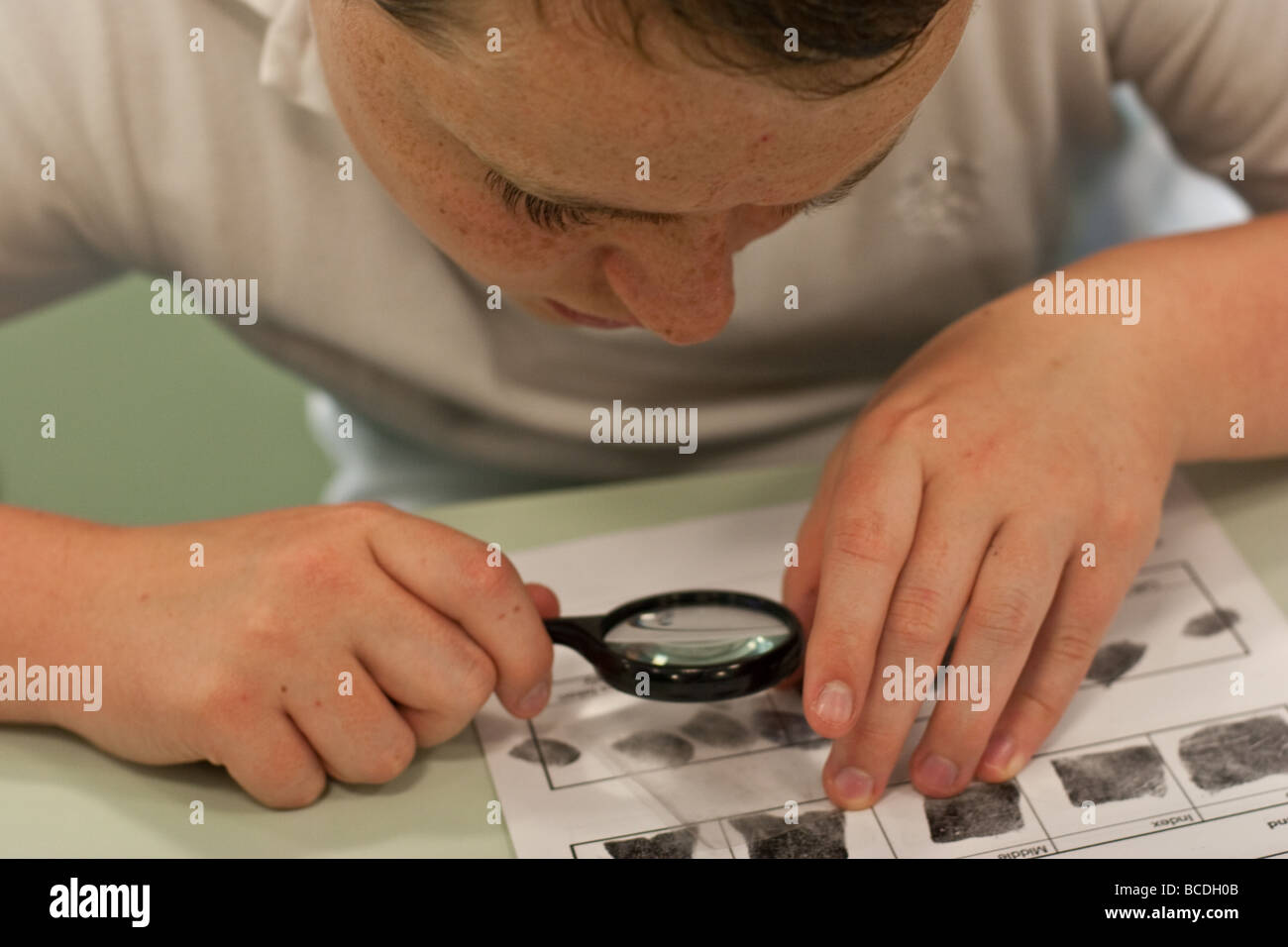 Gli studenti inglesi durante la lezione di Chimica imparare circa le impronte digitali Foto Stock