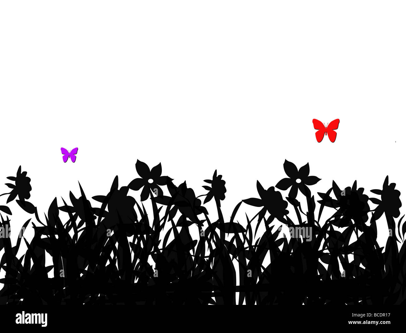 Silhouette di coloratissime farfalle volare sopra in bianco e nero campo di fiori Foto Stock