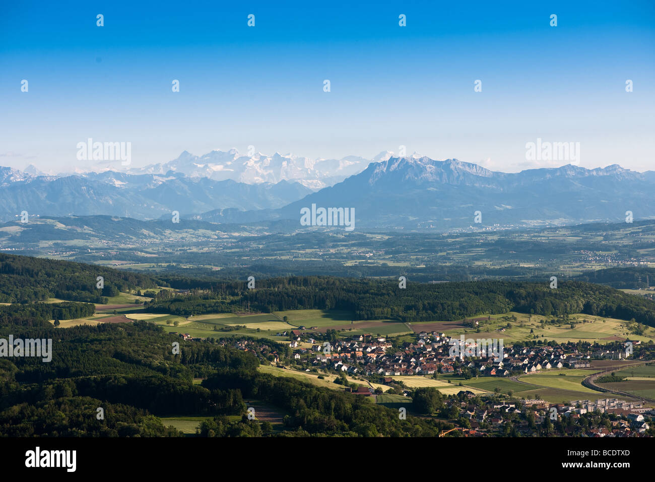 Vista panoramica da Uetilberg Zurigo Svizzera con le alpi svizzere Foto Stock