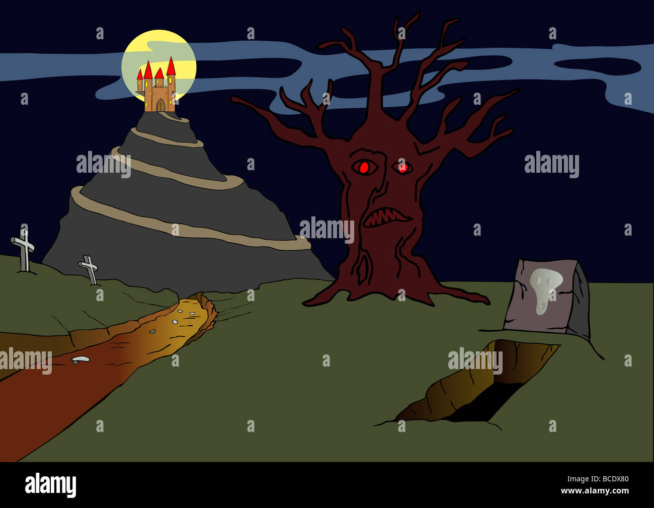 Illustrazione del vecchio haunted castello che si erge sulla collina Foto Stock