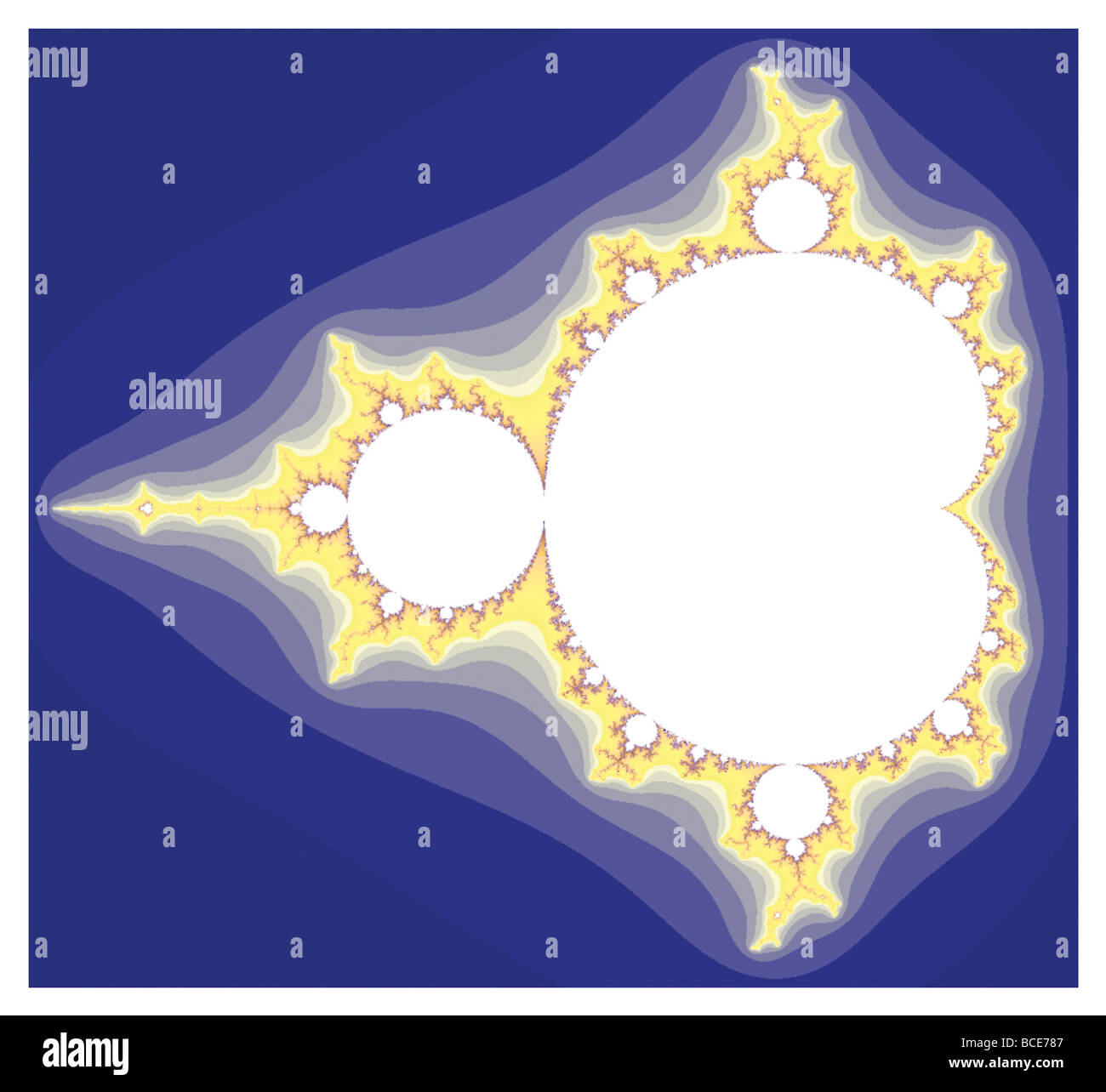 Nel set di Mandelbrot, punti ancora finite attraverso tutte le iterazioni sono bianchi. Valori divergenti per infinity sono mostrati più scuro. Foto Stock
