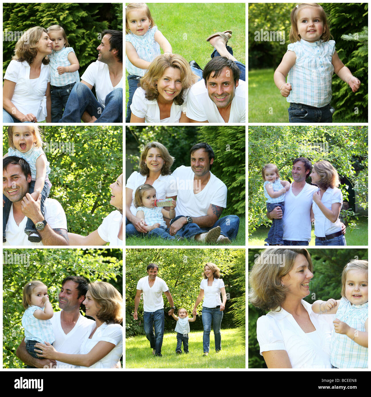 Junge glückliche Familie mit tipo Collage aus mehreren Fotos Foto Stock