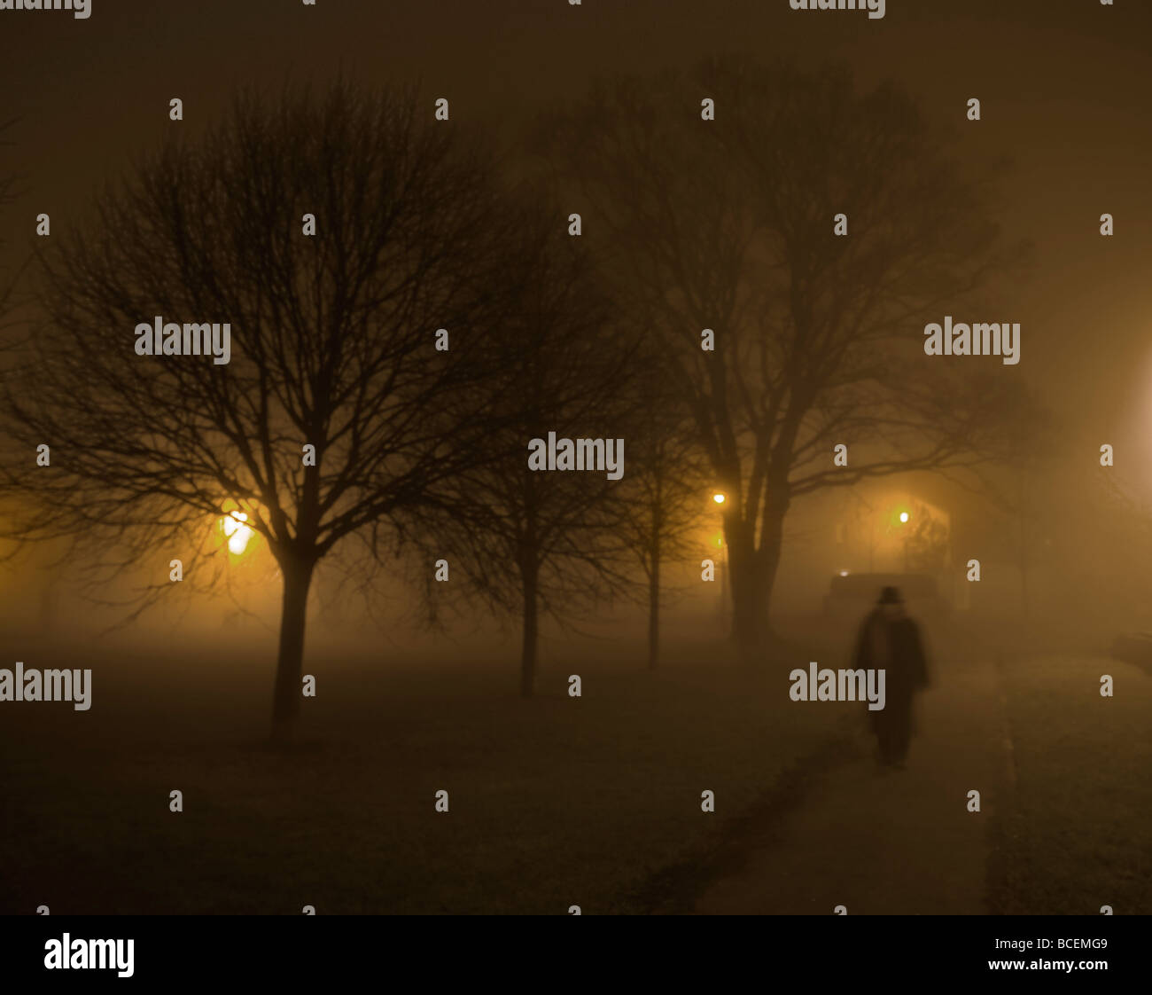 Una donna sola a casa a piedi in un parco in una notte di nebbia Foto Stock