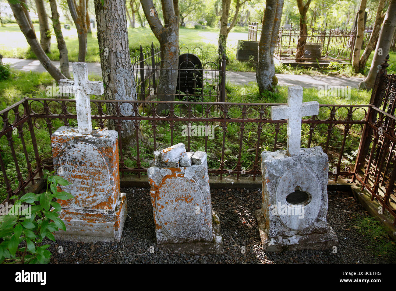 Piccolo cimitero in un boschetto di alberi nel nord-est dell'Islanda. Foto Stock