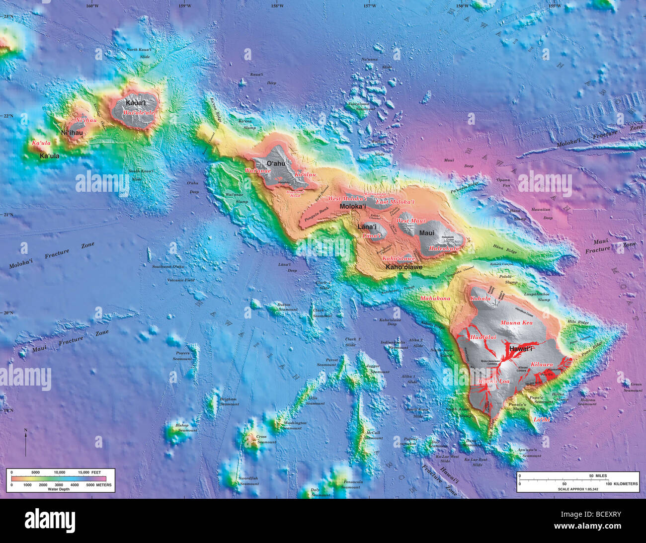 Batimetria Mappa delle Isole Hawaii Foto Stock