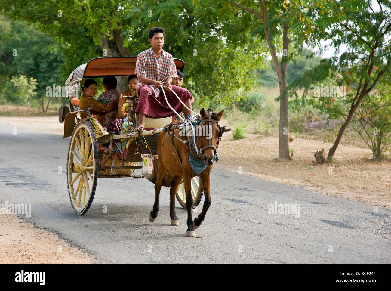 Myanmar. La Birmania. Bagan. A cavallo buggy sulla strada di Nyaung U mercato. Foto Stock