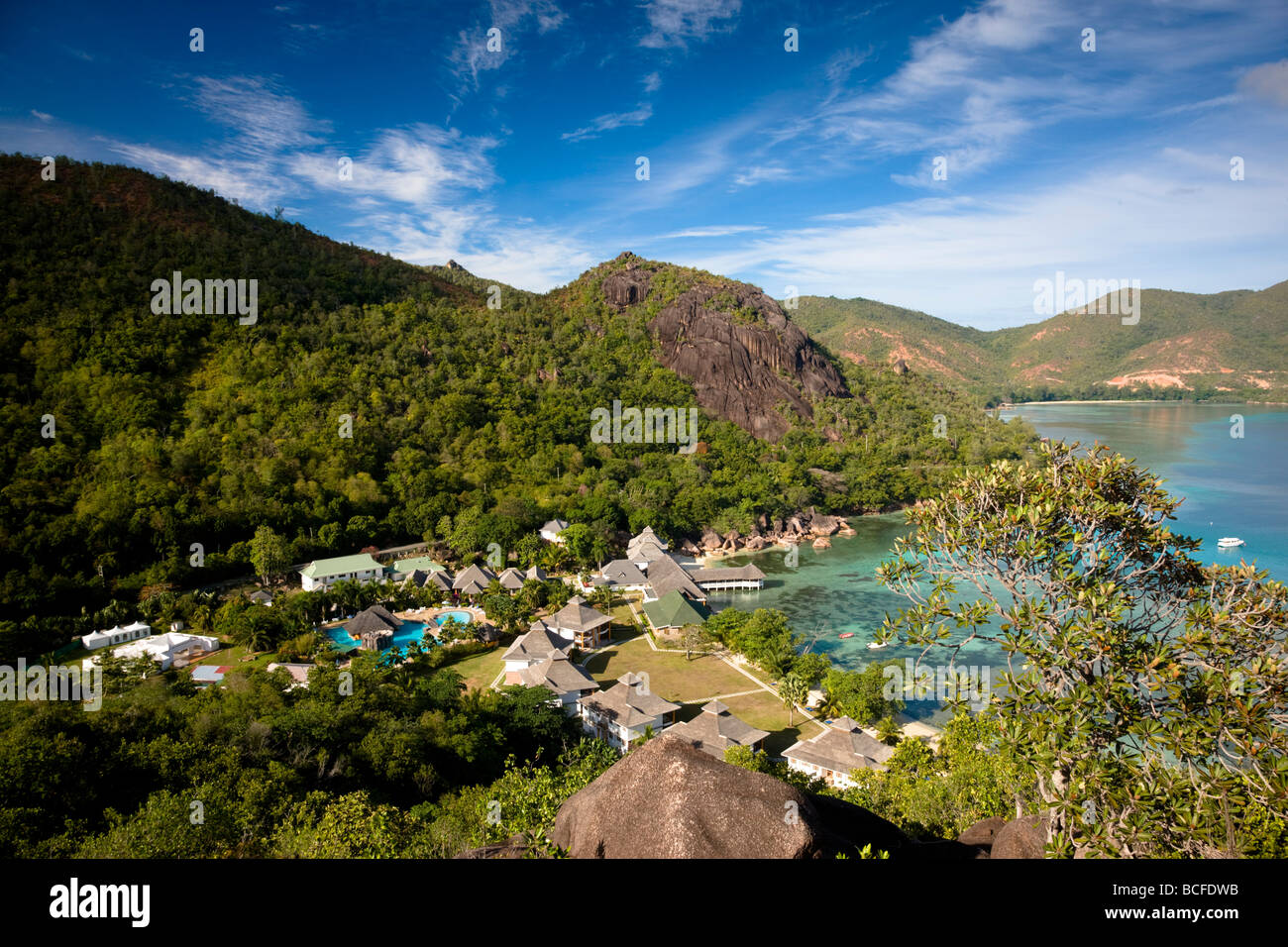 Seychelles, Praslin Island, Anse Volbert, La Reserve Hotel overview Foto Stock