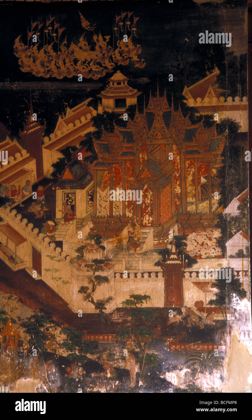 Murale jatarka dettaglio wat suwannaram thonburi Bangkok in Thailandia Foto Stock