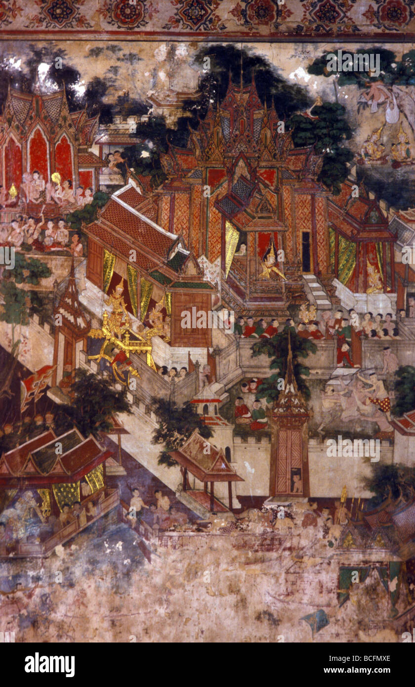 Murale jatarka dettaglio wat suwannaram thonburi Bangkok in Thailandia Foto Stock