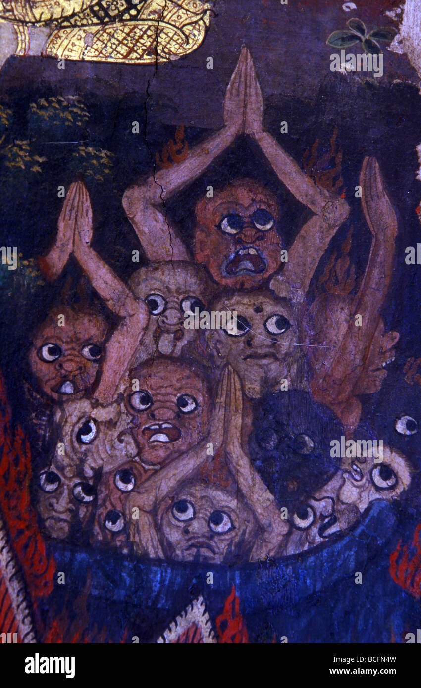 L'inferno in jatarka murale dettaglio buddhaisawan chapel Bangkok in Thailandia Foto Stock