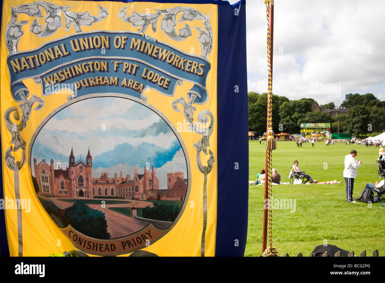 La Washington F Pit Lodge banner viene visualizzato in 2009 minatori di Durham Gala. Foto Stock