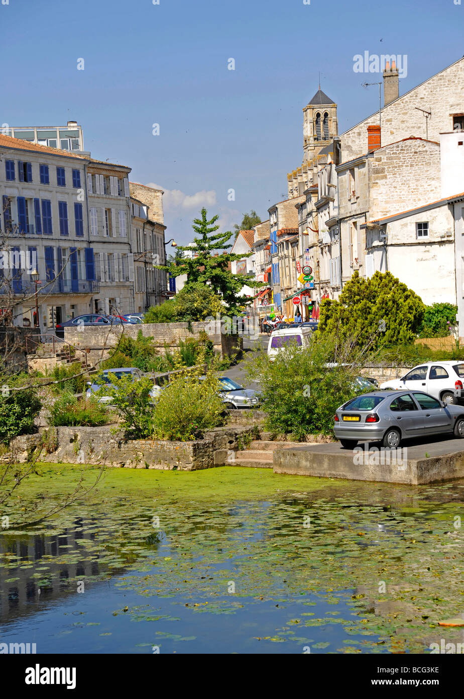 Vista sul fiume nel centro della città di Niort in Francia. Foto Stock