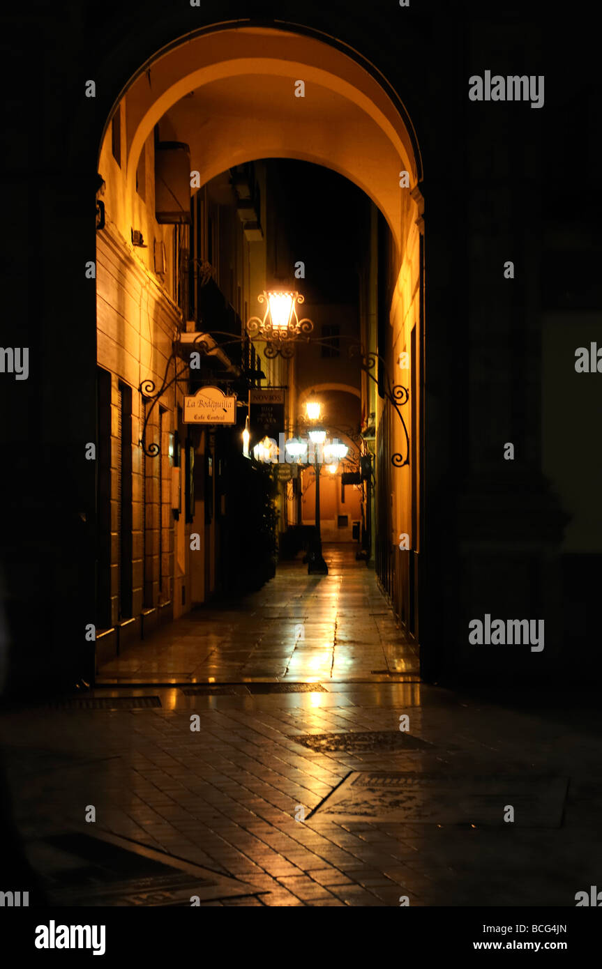 Dark misterioso percorso arcuato con luci di strada di notte Foto Stock
