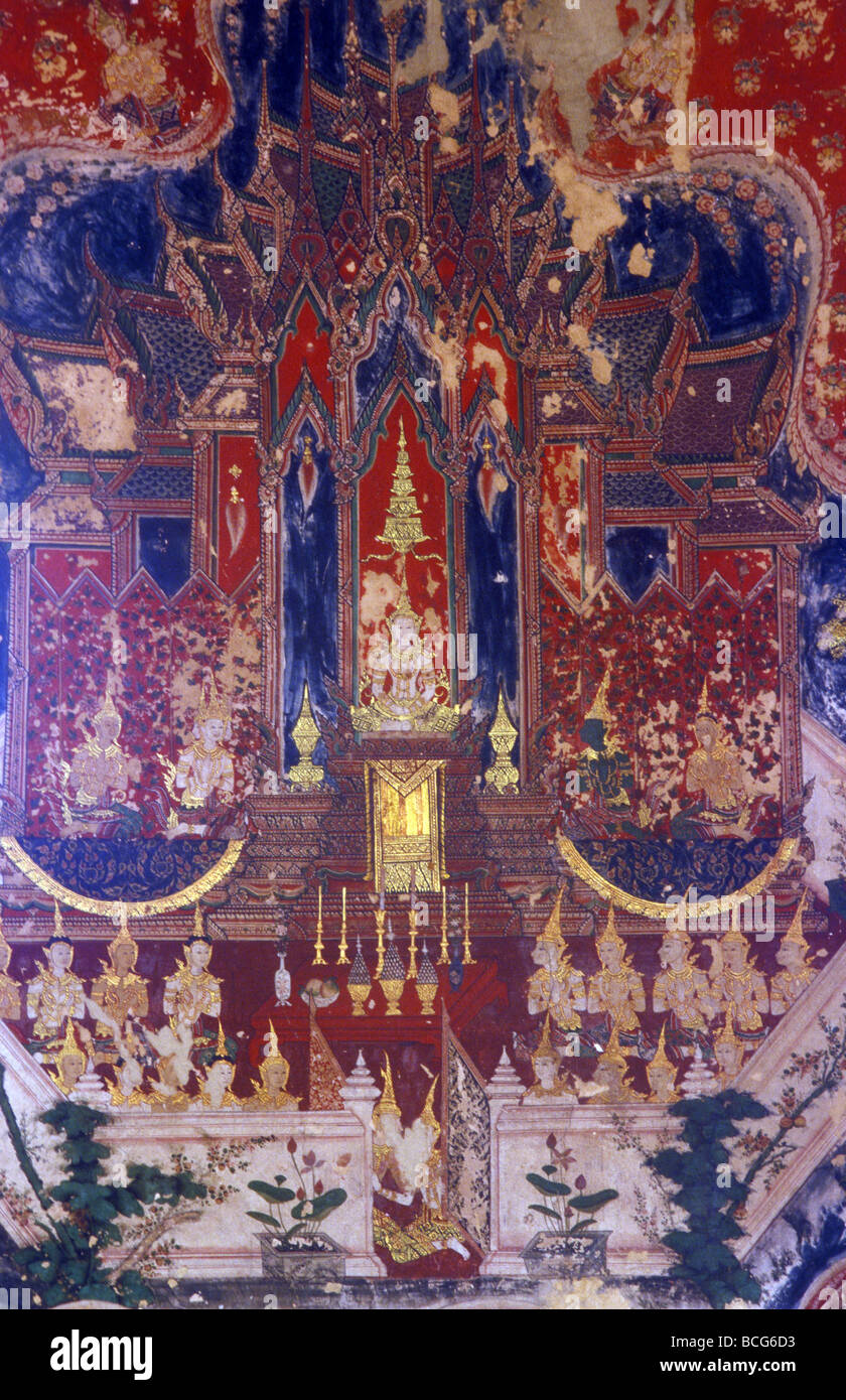 Murale jatarka dettaglio wat suwannaram thonburi Bangkok in Thailandia Foto Stock