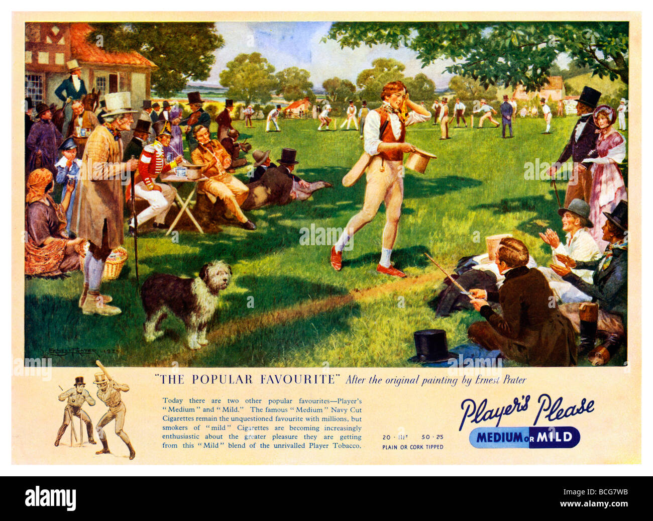 Un popolare preferito 1930 annuncio per i giocatori di sigarette utilizzando la Ernest Prater verniciatura di Regency partita di cricket Foto Stock