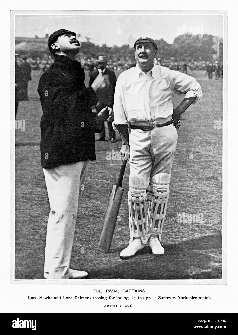 Il rivale Capitani Lords Hawke e Dalmeny tossing per gli inning nel Surrey v Yorkshire County Cricket del 1906 Foto Stock