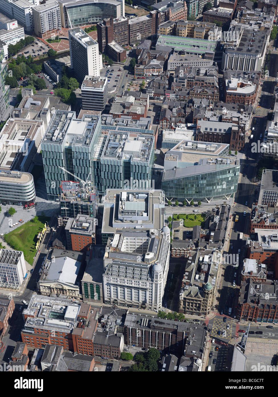 Il centro della città di Manchester, Quay Street e la zona business, dall'aria, luglio 2009, l'Inghilterra settentrionale, Foto Stock